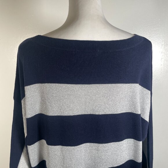Liz Claiborne Navy Blue Silver Striped Boat Neck Tight Knit Pullover Sweater XL - Picture 9 of 13